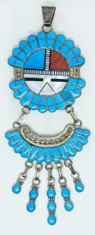 Gorgeous Vintage 1970s-80s Zuni Betty Martinez Huge Chanel Inlay Silver Sunface Kachina Pendant